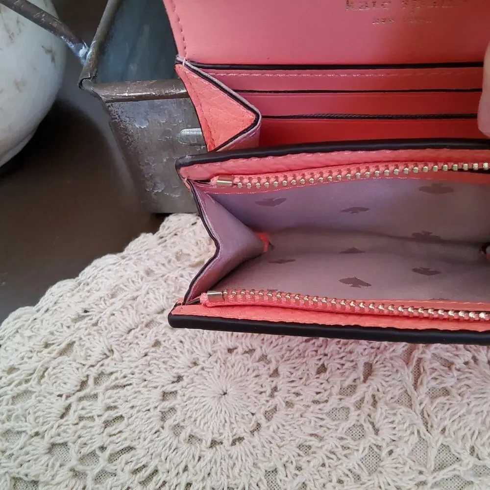 Kate Spade Women's Small Flap Wallet Card Case Pebbled Leather in Melon Ball